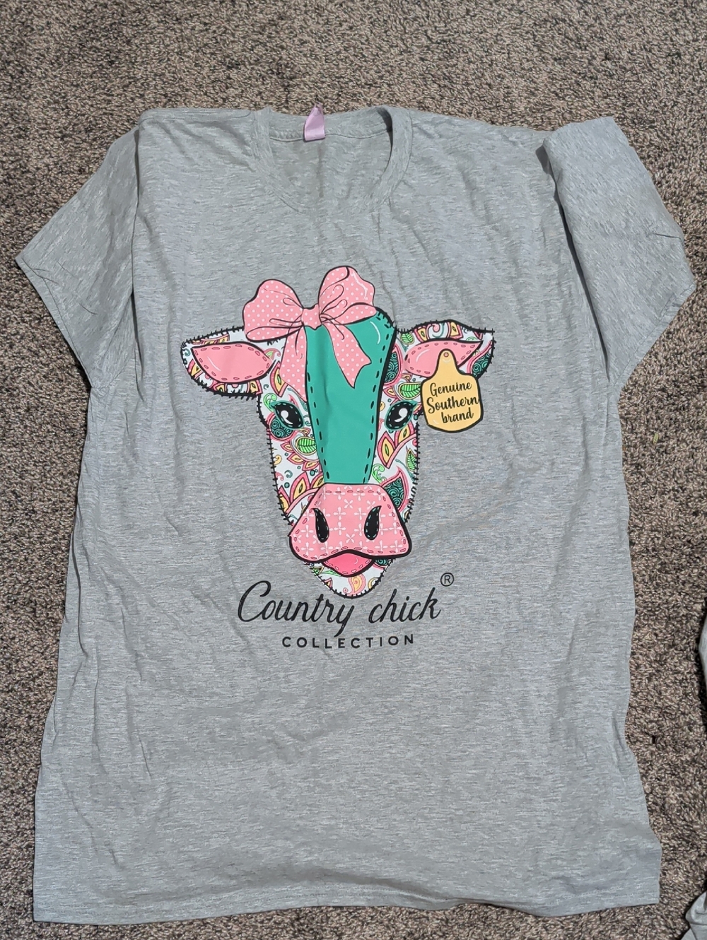 Gray Tee with Pink & Teal Cow Graphic